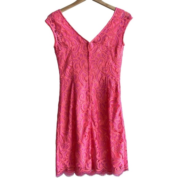 LILLY PULITZER | Rosaline Lace Mini Cocktail Dress | Hot Pink Orange Sheath | 2 - Picture 11 of 12